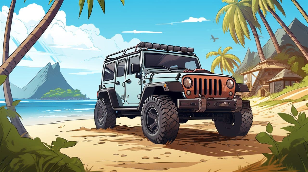 Madeira Off Road Tours — cartoon 4x4 Jeep in tropical Madeira